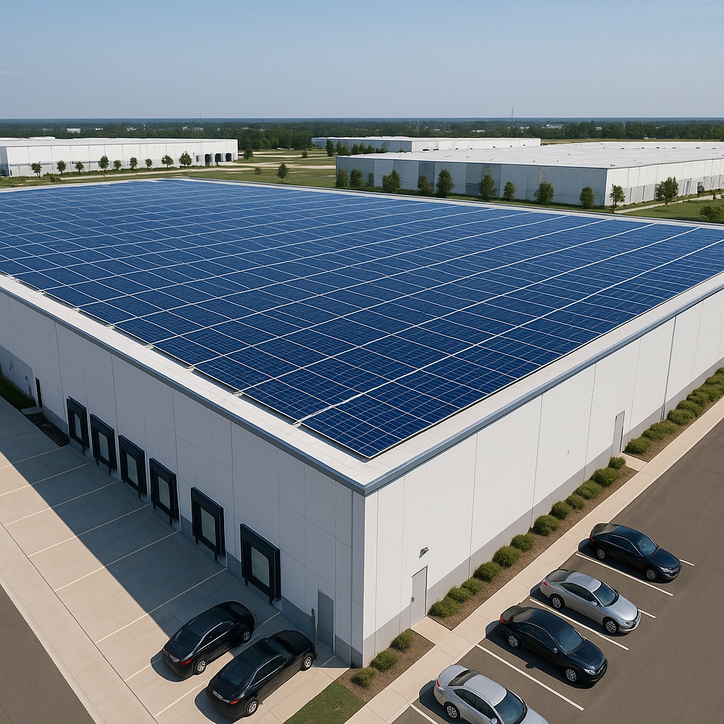Commercial warehouse with full rooftop solar coverage